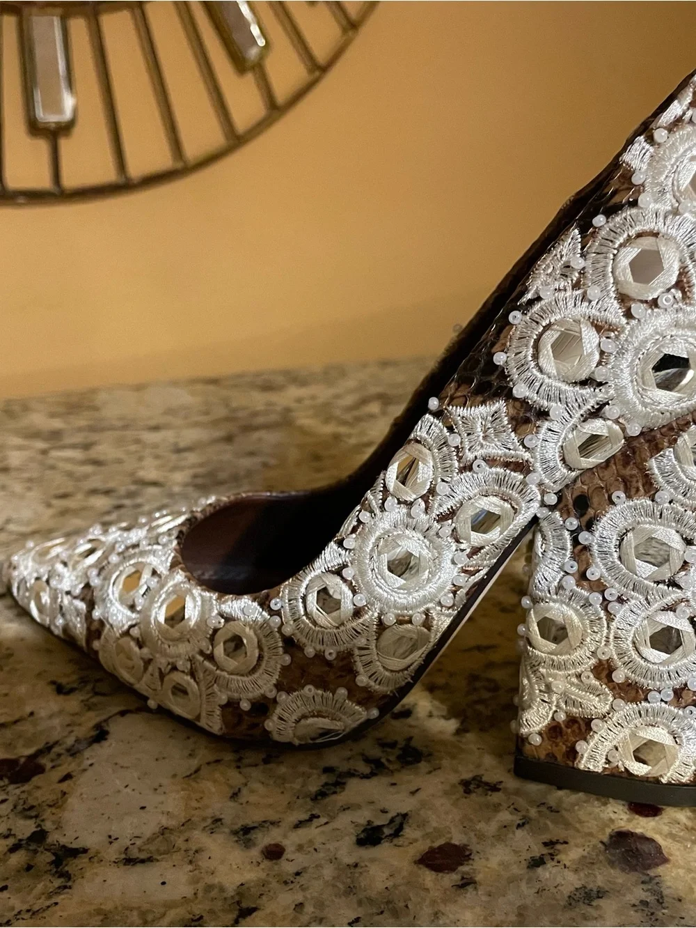 Embellished Ivory Lace Block Heel Pumps Tory Burch